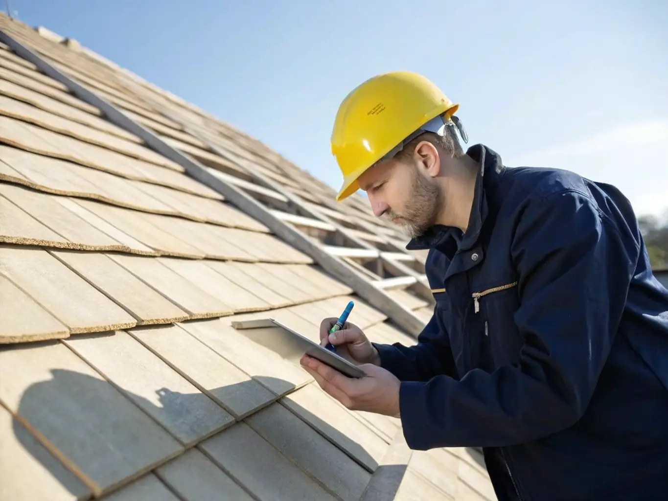 A professional roofer happily reviewing a new lead on his tablet, showcasing the ease and satisfaction of receiving qualified leads from POPSales.