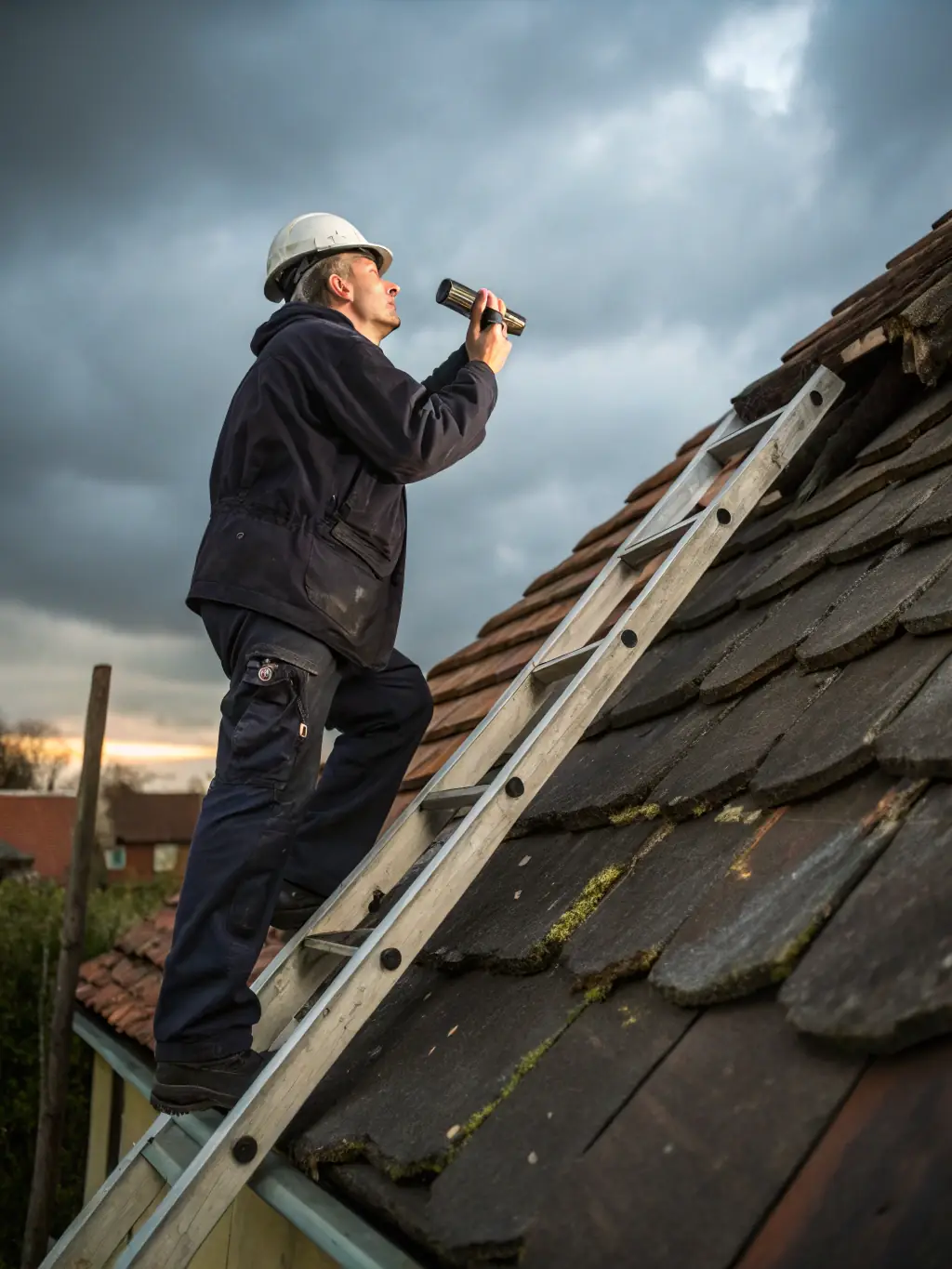 A professional roofer inspecting a roof in Sweden, showcasing the type of service POPSales provides leads for.