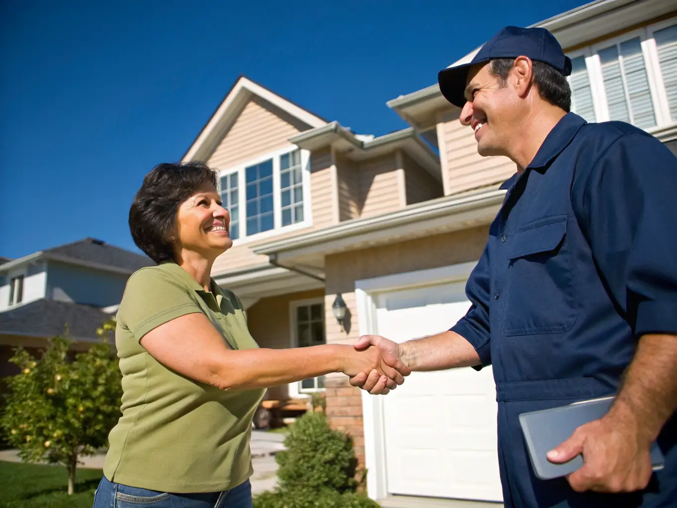 A professional roofer in Sweden smiles confidently while shaking hands with a new client in front of a newly completed roof. The scene conveys trust and successful partnership.